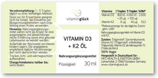 Vitaminglück Vitamin D3 K2 Algenöl vegan Etikett