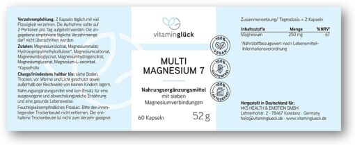 Vitaminglück Magnesium-7, Multimagnesium, Magnesiumcitrat, Magnesiumgluconat Etikett
